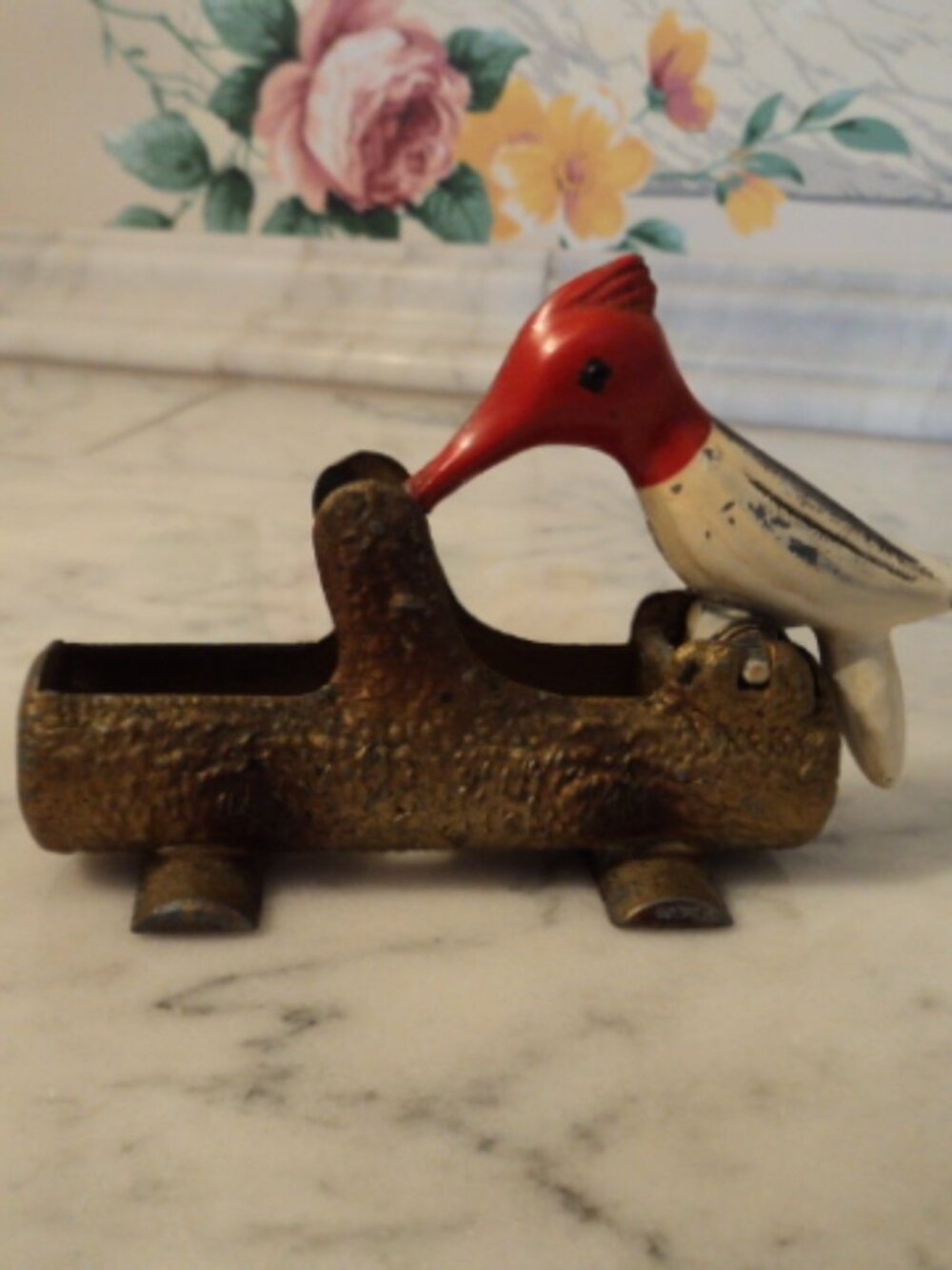 VINTAGE 1950s Mechanical Woodpecker on Log Metal Toothpick Dispenser
